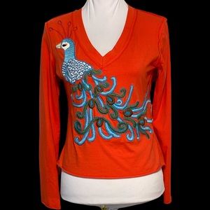 Joystick by Johnny Was. Long sleeve t-shirt. Peacock embroidery on front.